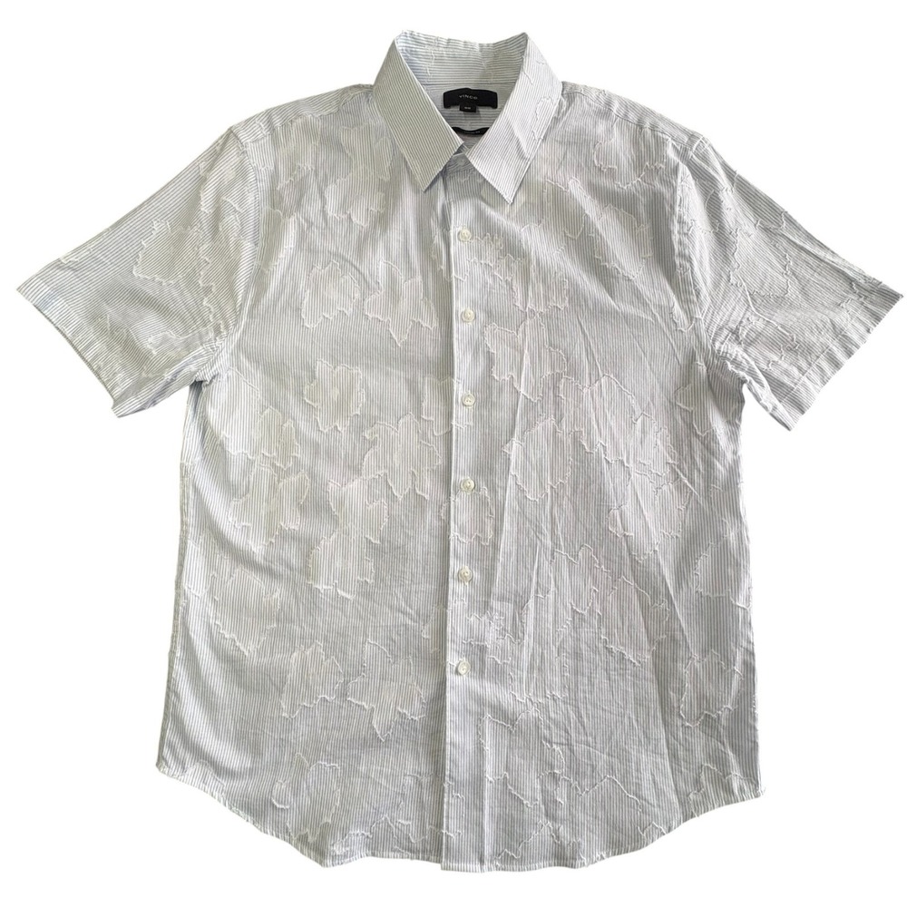 Vince Fil Coupe Short Sleeve Shirt Mens M White Blue Stripe Embroidered NWT